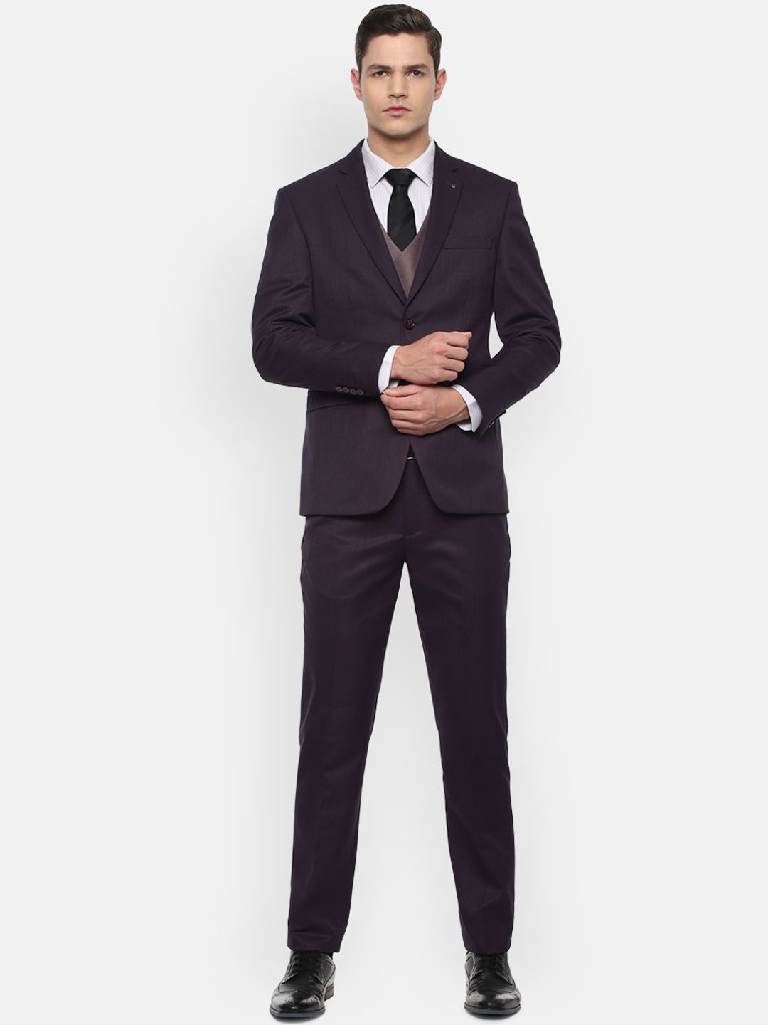 Louis Philippe Men Purple Self Design Single-Breasted Slim-Fit 3-Piece Suit