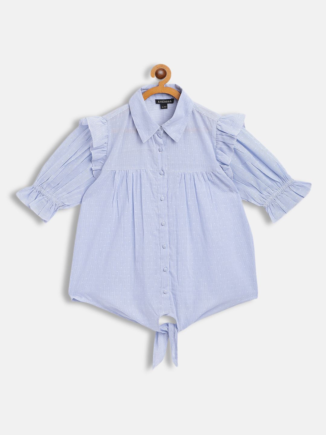 Antheaa Blue & White Striped Front Tie-Up Shirt Style Top-picture-51