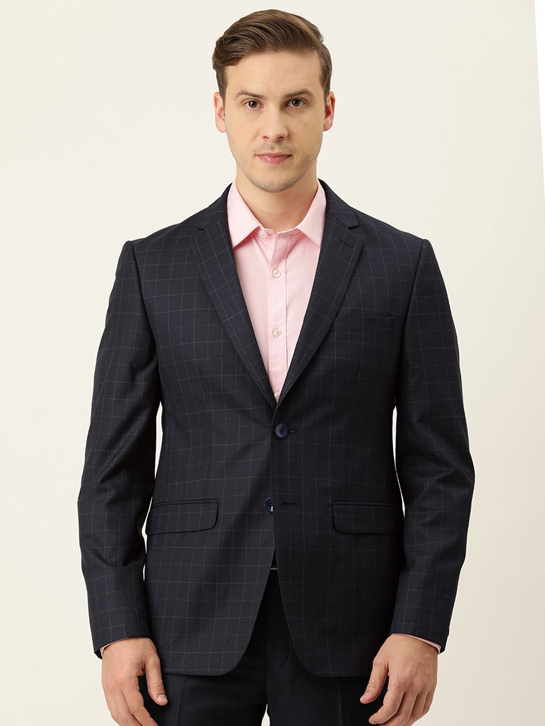 Peter England Men Navy Blue & Grey Checked Neo Slim Fit Single-Breasted Formal Blazer-picture-35