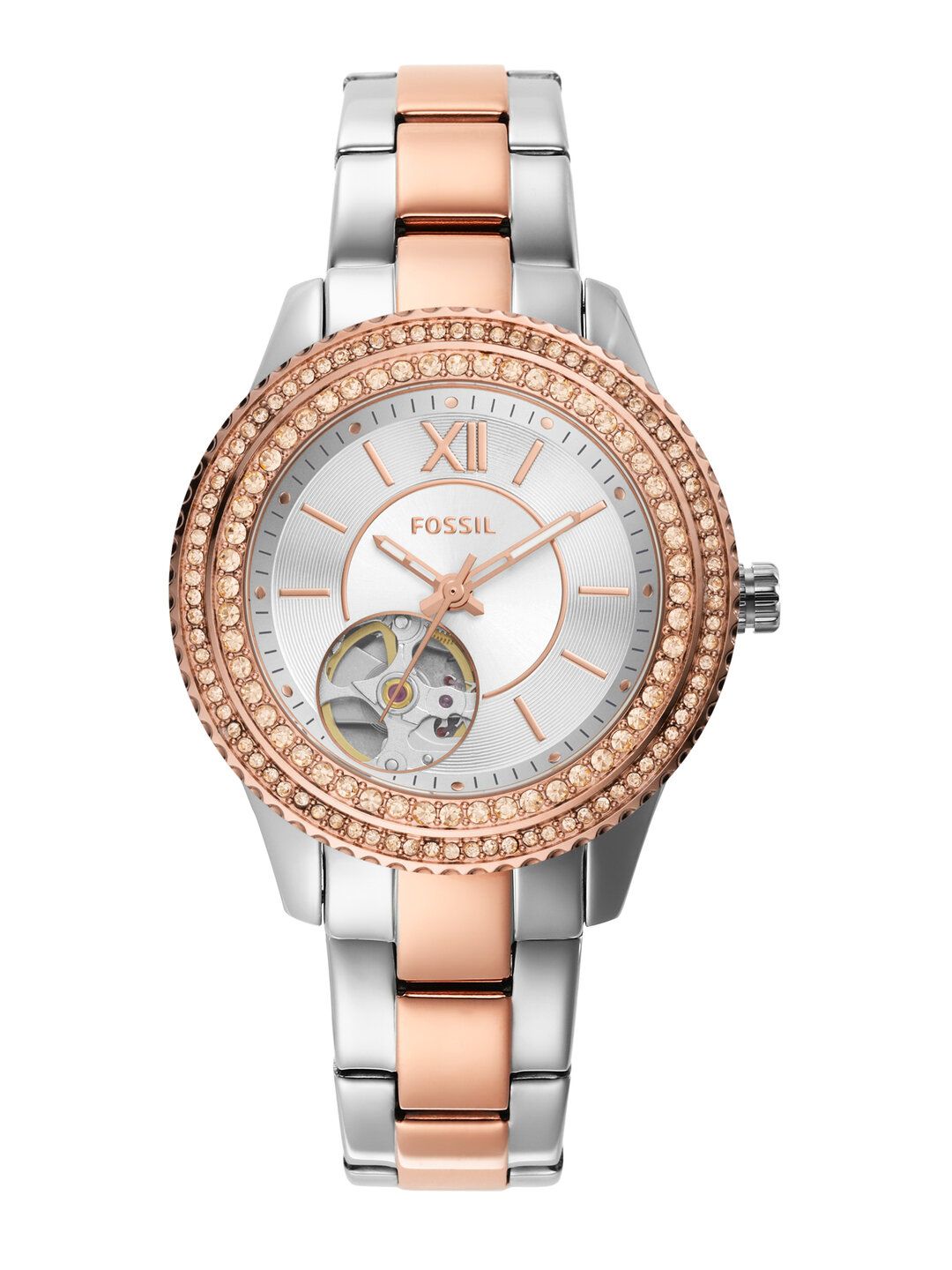 Fossil Women Silver-Toned Embellished Dial & Multicoloured Stainless Steel Straps Analogue Automatic Motion Watch