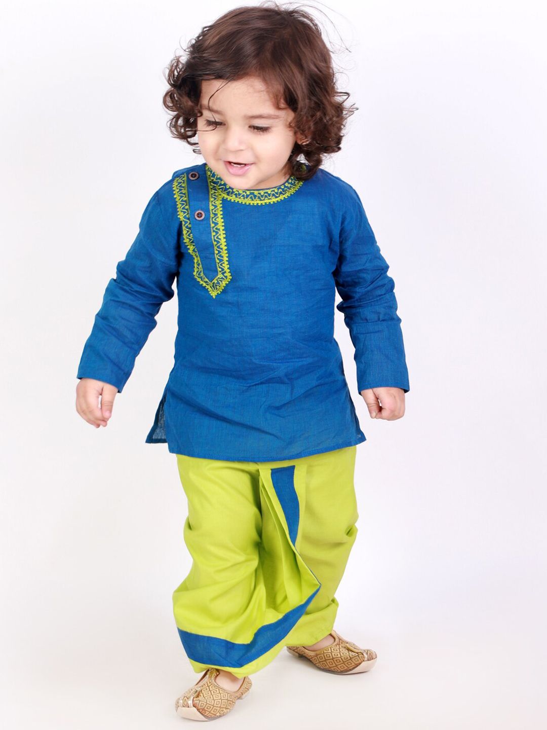 KID1 Boys Blue & Green Emroidered Pure Cotton Kurta with Dhoti Pants-picture-18