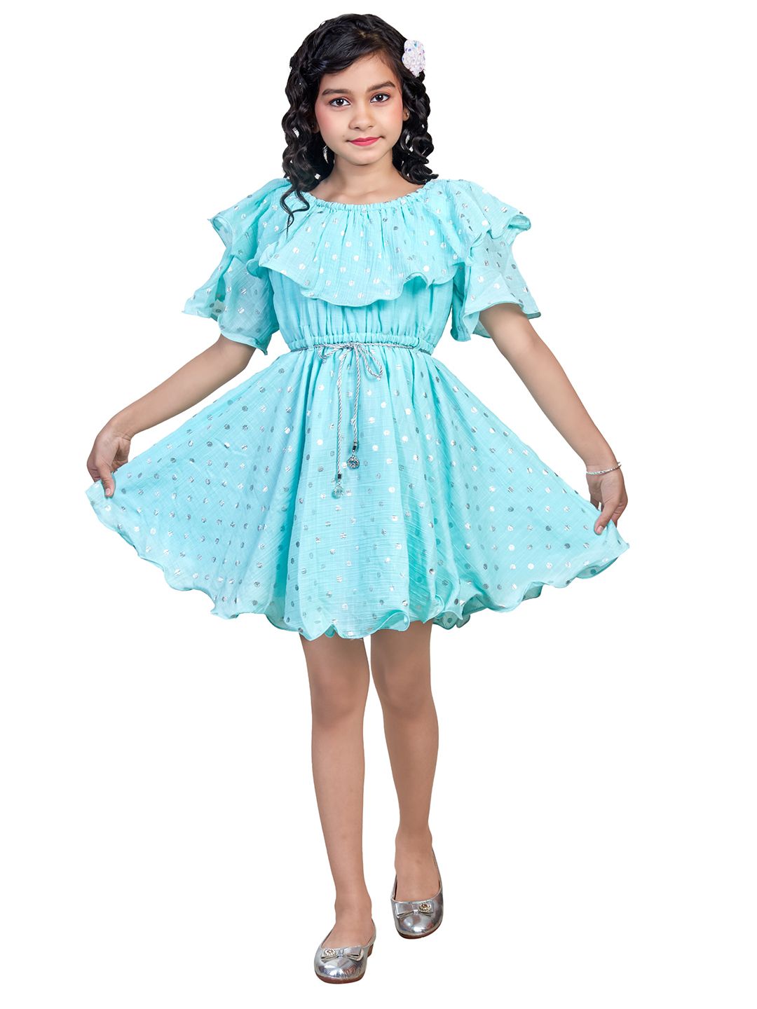 Nottie Planet Girls Turquoise Blue & Silver-Coloured Polka Dots Ruffles Dress-picture-48