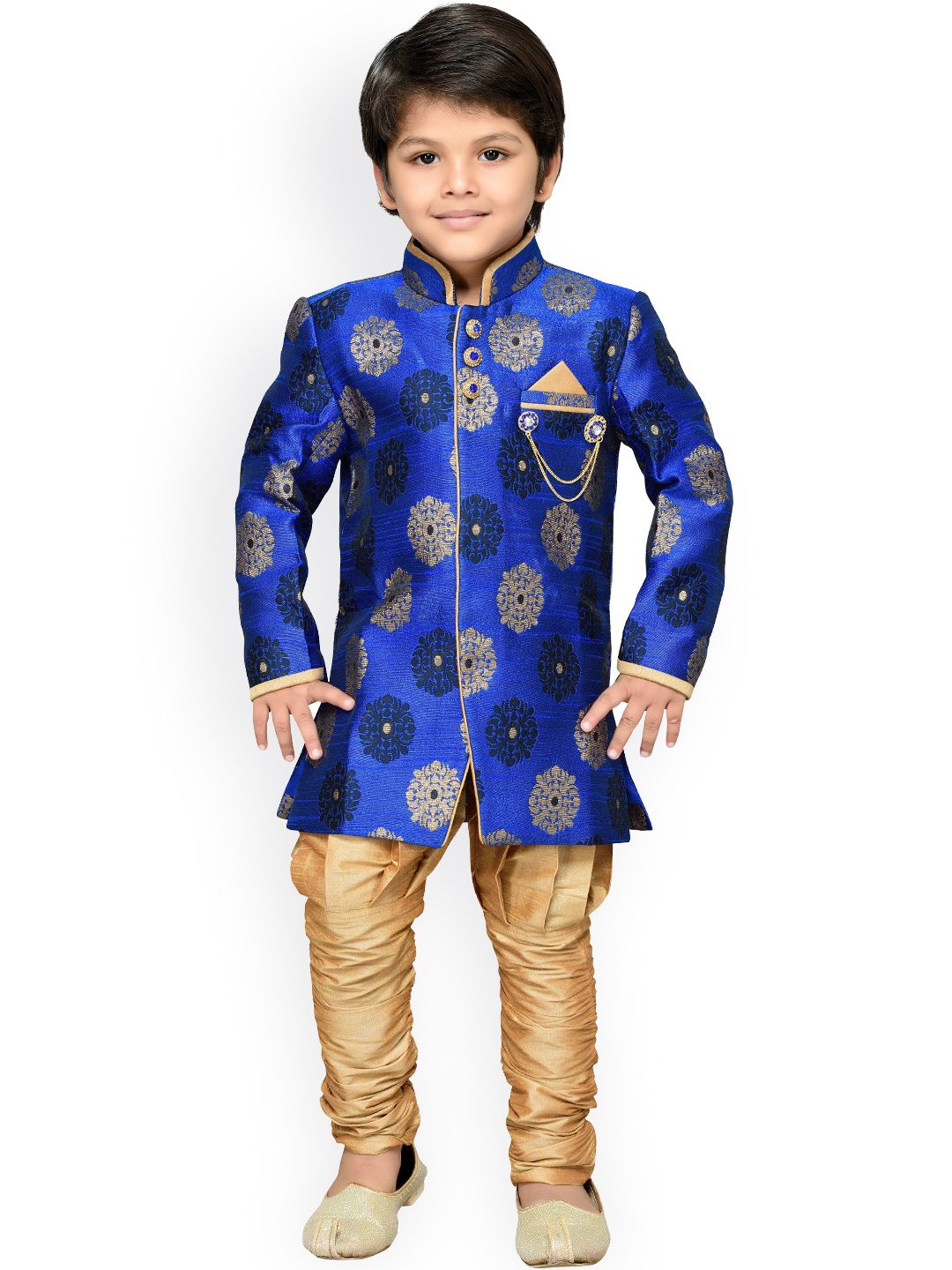 Aj DEZInES Boys Blue & Beige Patterned Sherwani Set-picture-21