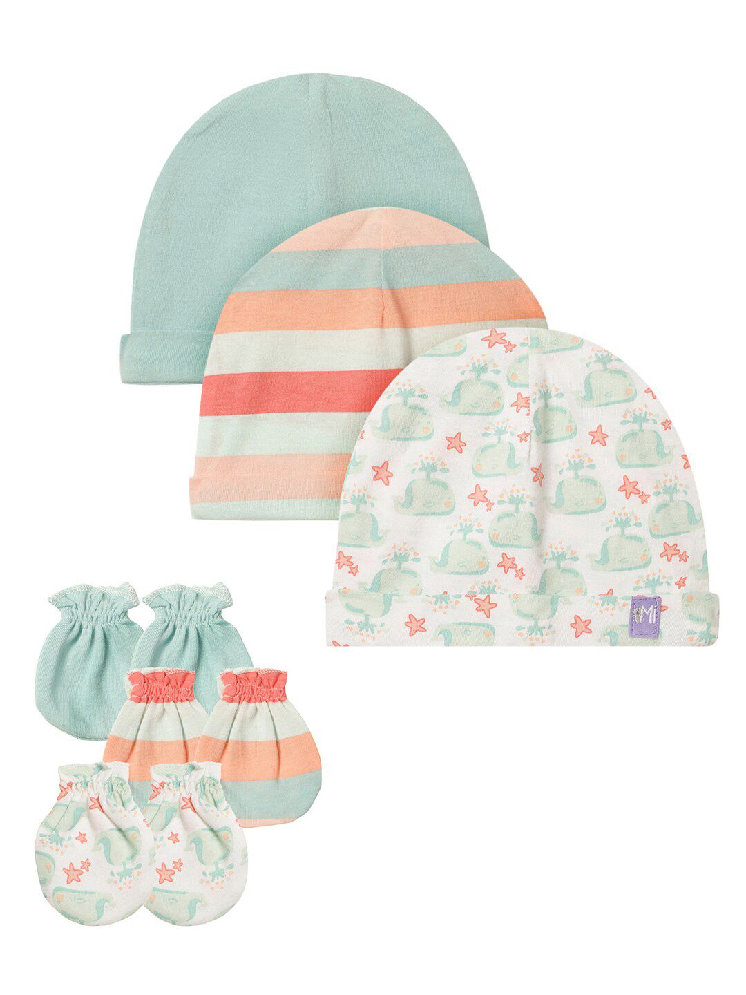 MiArcus Infants Kids Set of 3 Blue & White Printed Beanie & Mitten Set