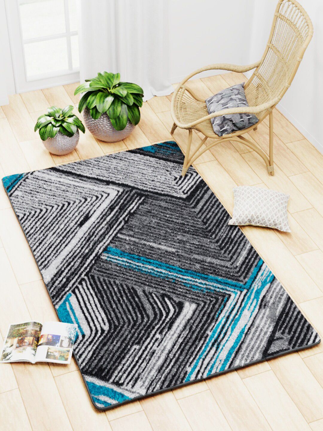 BIANCA Grey & Blue Geometric Printed Anti Skid Carpet-image-33