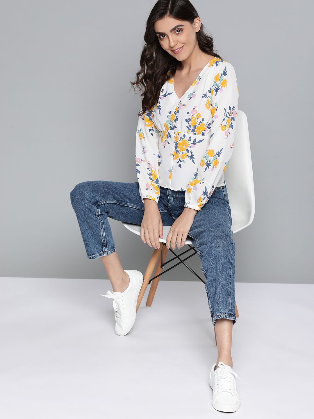 Mast & Harbour White & Yellow Floral Print Empire Top