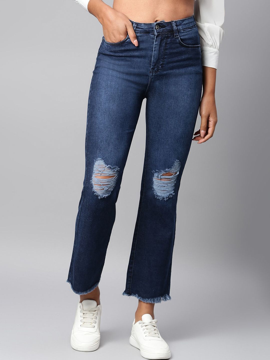 Code 61 Women Navy Blue Wide Leg High-Rise Mildly Distressed Light Fade Stretchable Jeans-picture-14