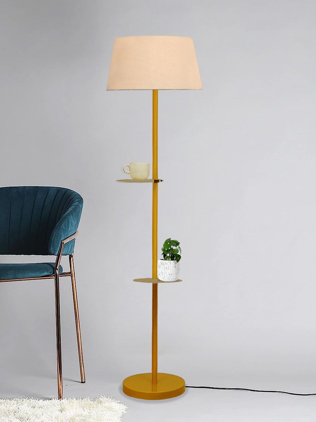 Homesake White & Gold Toned Contemporary Two Tiered Floor Lamp With Jute Shade-image-49