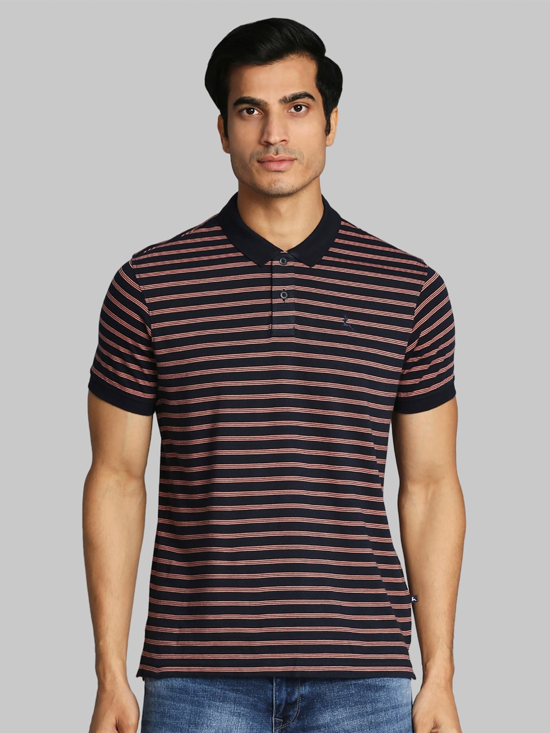 Parx Men Navy Blue & Pink Striped Cotton Polo Collar T-shirt