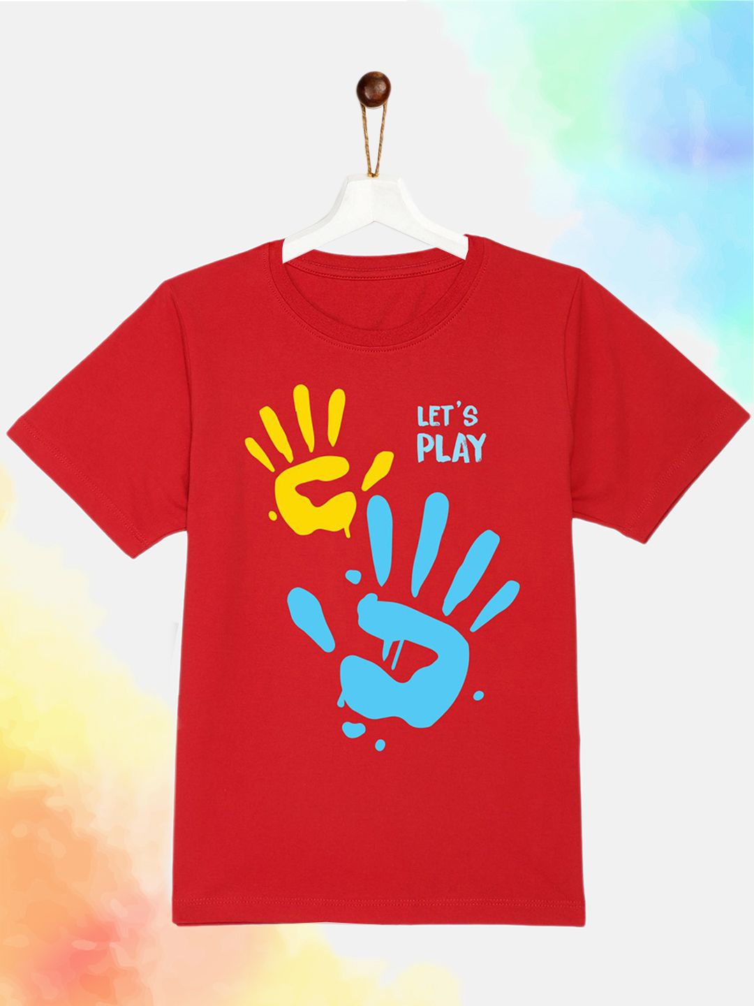 YK Kids Red Typography Printed Pure Cotton Holi T-shirt-picture-37
