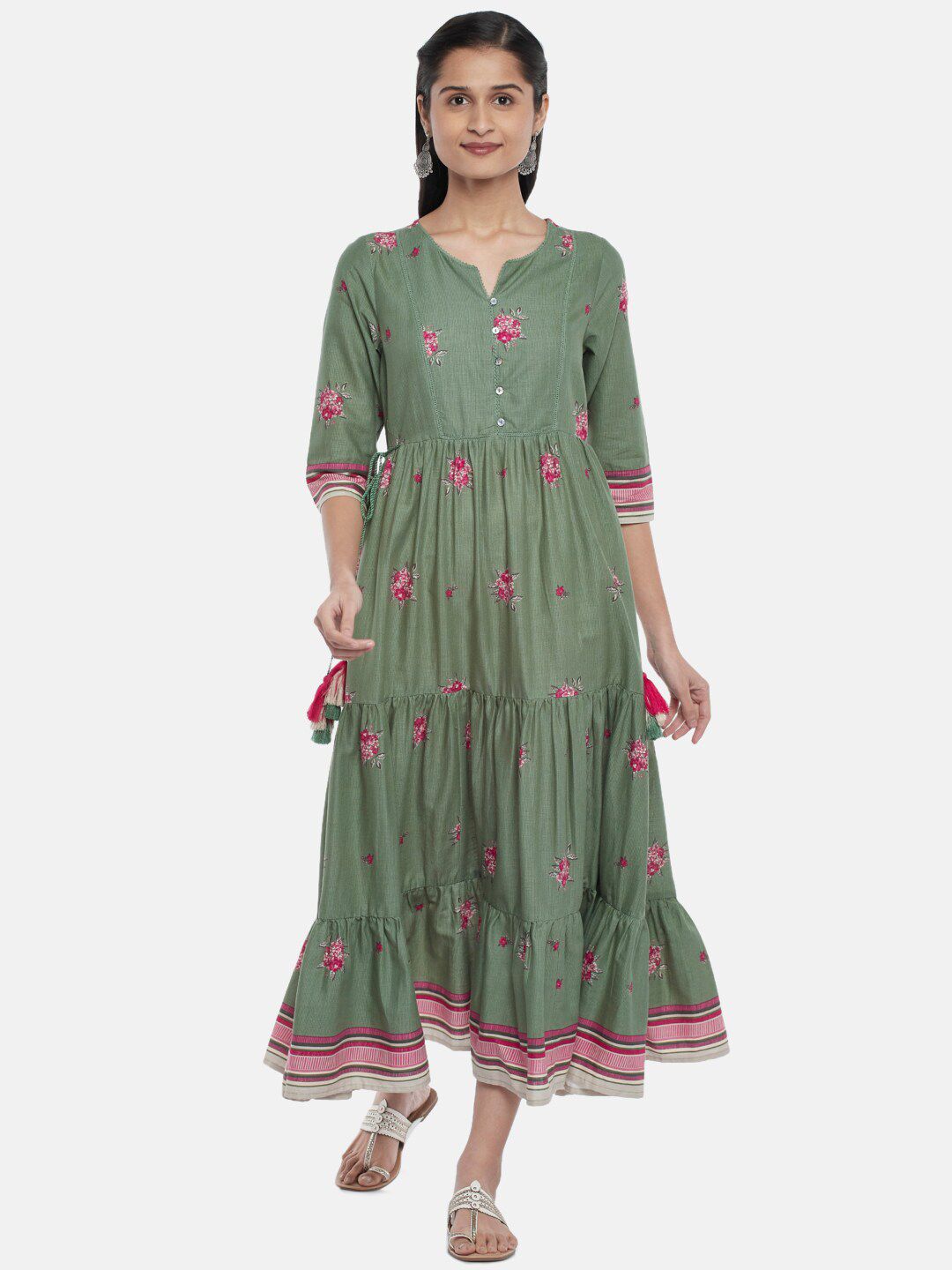 Buy Rangmanch By Pantaloons RANGMANCH BY PANTALOONS Olive Green & Pink  Floral Cotton A-Line Midi Dress at Redfynd