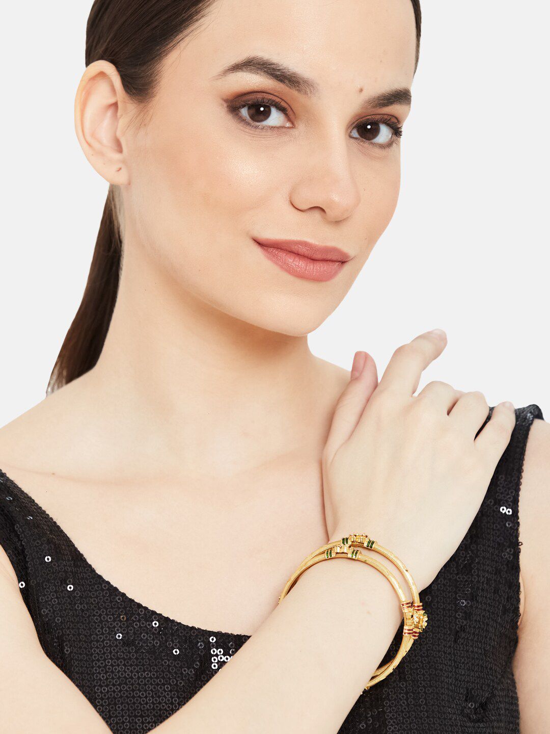 ATIBELLE Women Set of 2 Gold-Plated Floral Textured Bangles