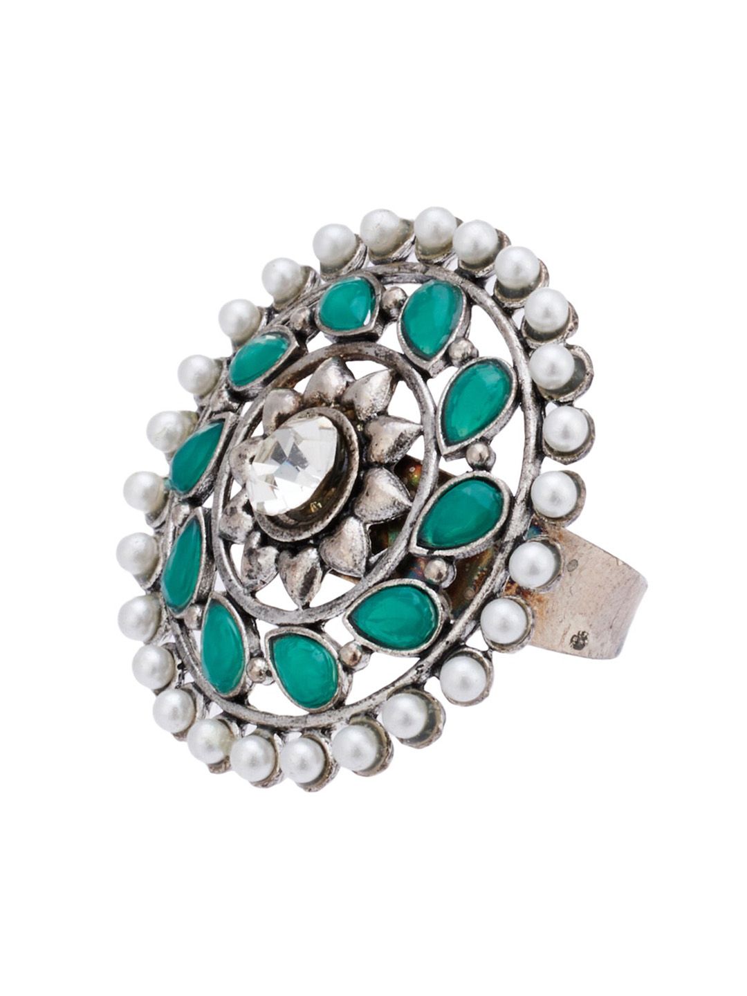 Atibelle Combo of Silver Plated Artificial Stoned Studded Circular Stud Earrings & Ring