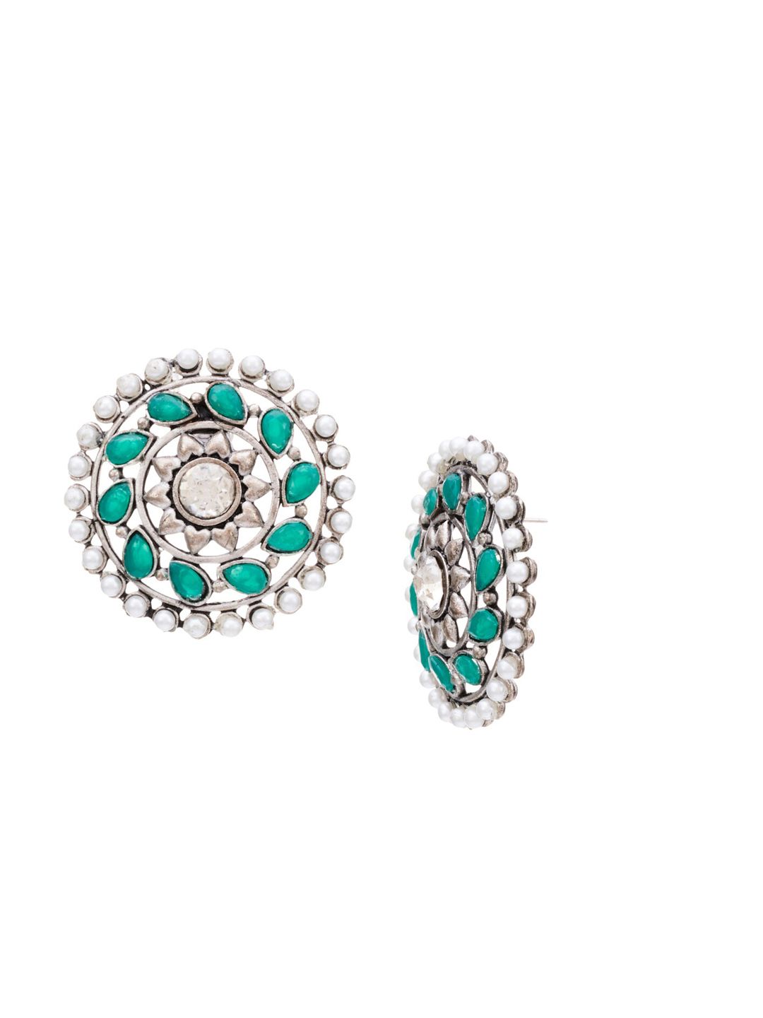 Atibelle Combo of Silver Plated Artificial Stoned Studded Circular Stud Earrings & Ring
