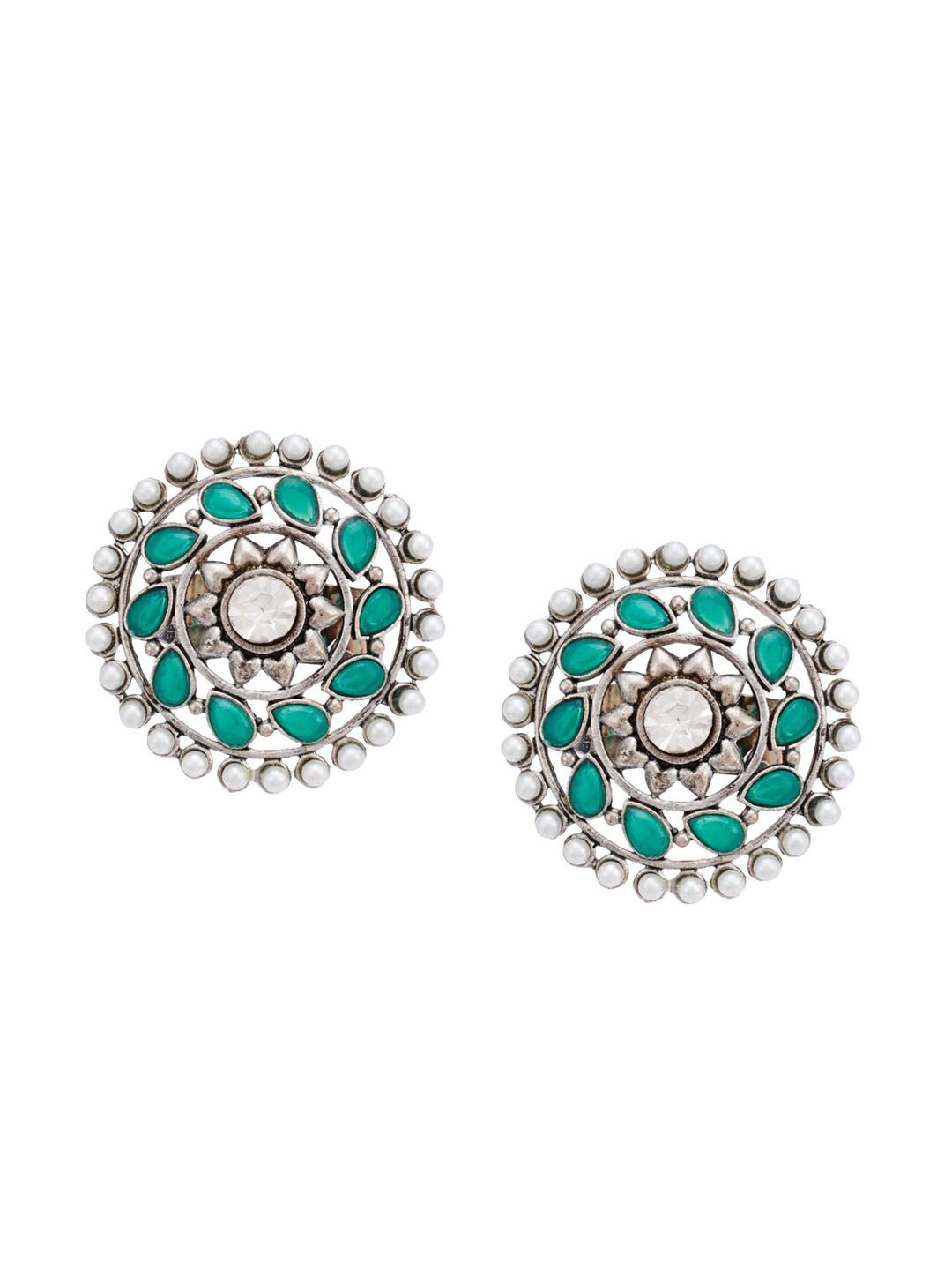 Atibelle Combo of Silver Plated Artificial Stoned Studded Circular Stud Earrings & Ring