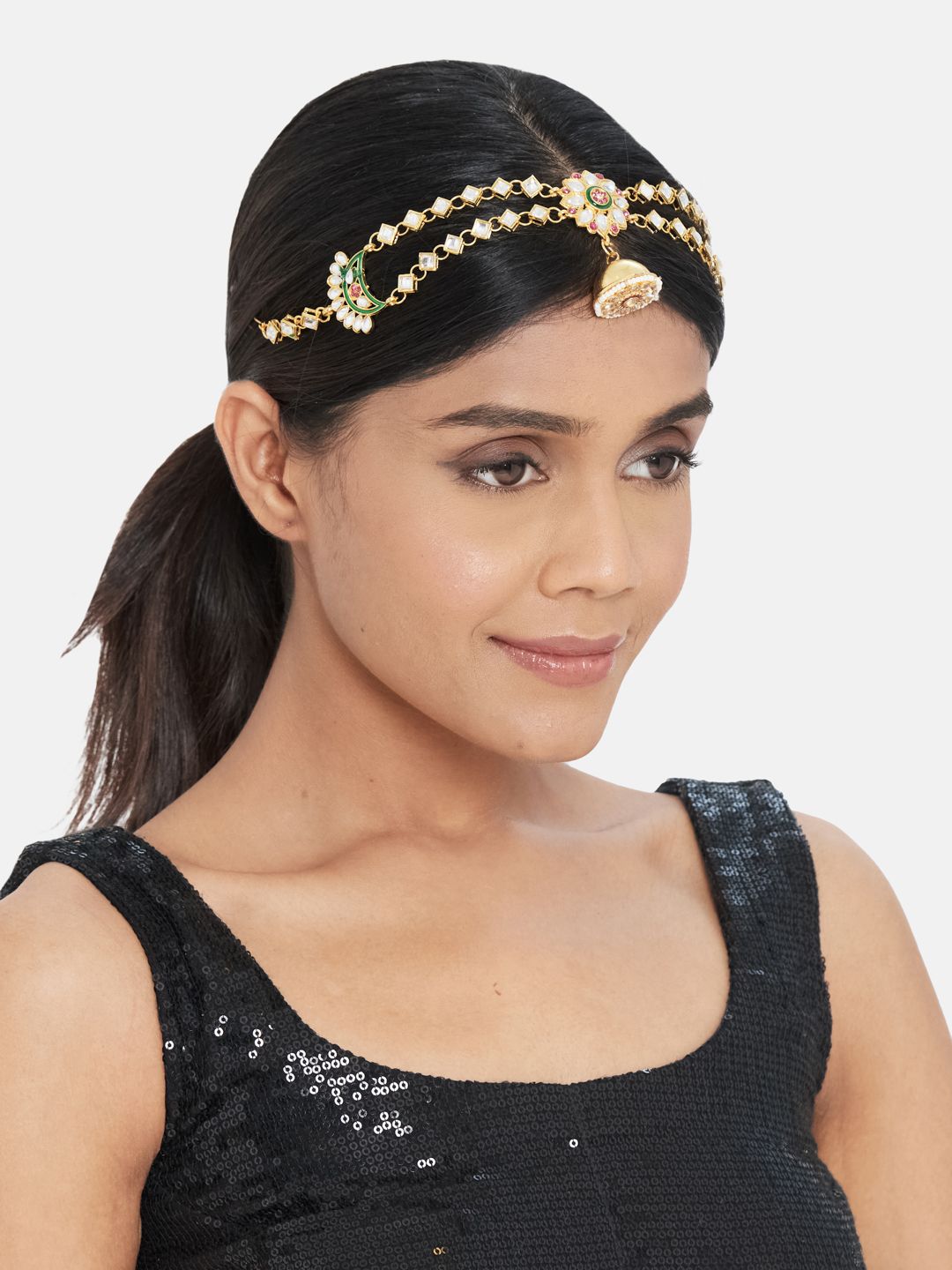 ATIBELLE Women Gold-Plated Multicolour Meenakari Matha Patti