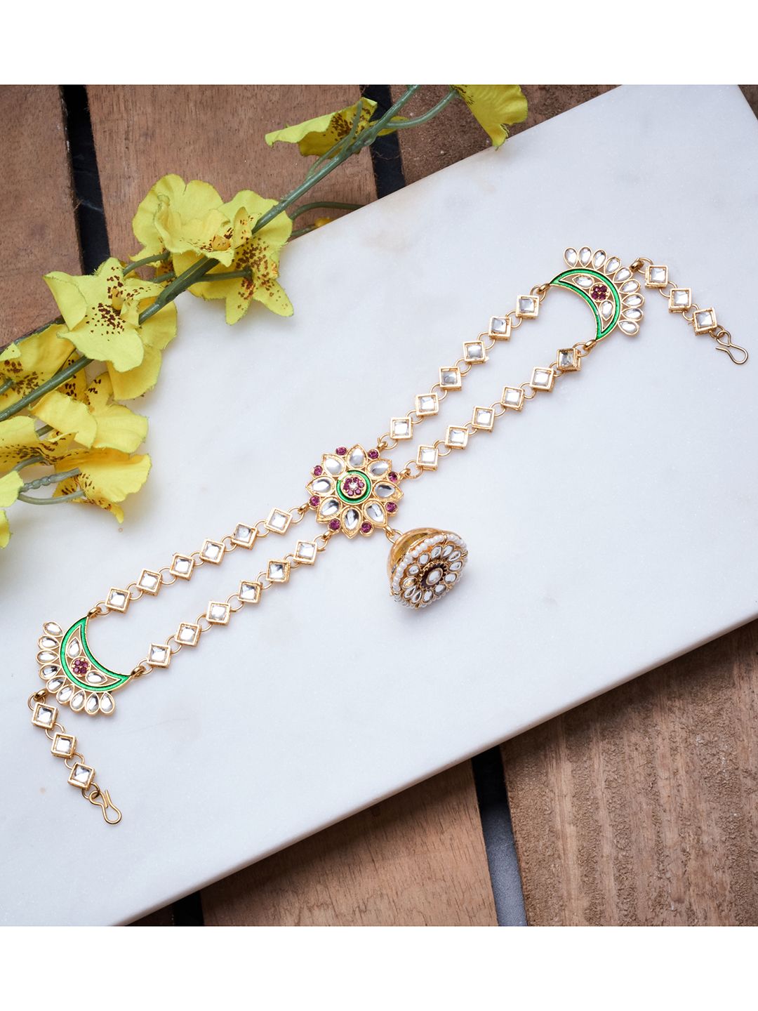 ATIBELLE Women Gold-Plated Multicolour Meenakari Matha Patti