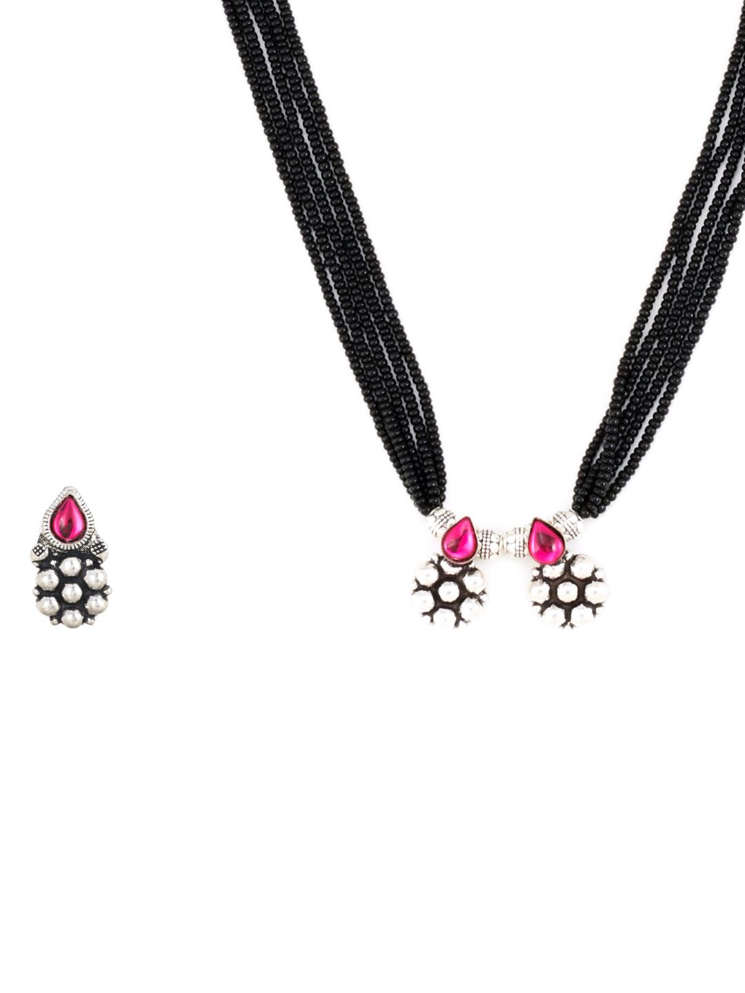 ATIBELLE Oxidised Silver-Plated Red Stone-Studded Mangalsutra With Earrings