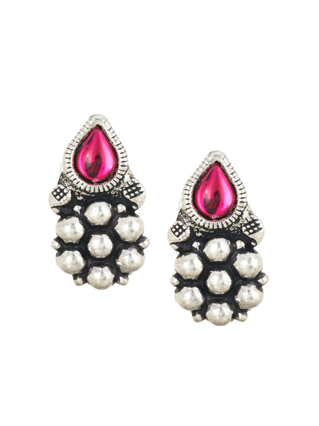 ATIBELLE Oxidised Silver-Plated Red Stone-Studded Mangalsutra With Earrings