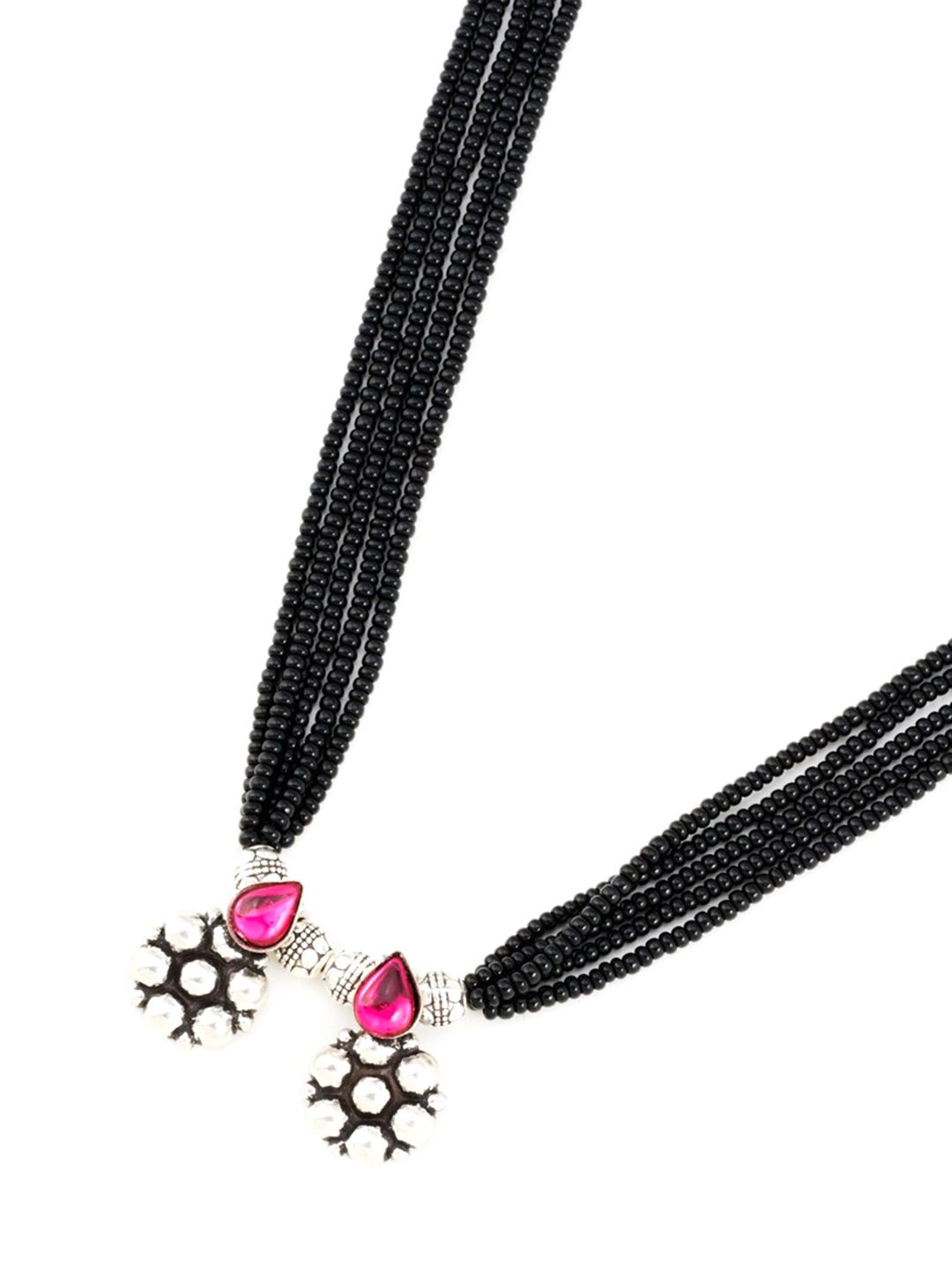 ATIBELLE Oxidised Silver-Plated Red Stone-Studded Mangalsutra With Earrings