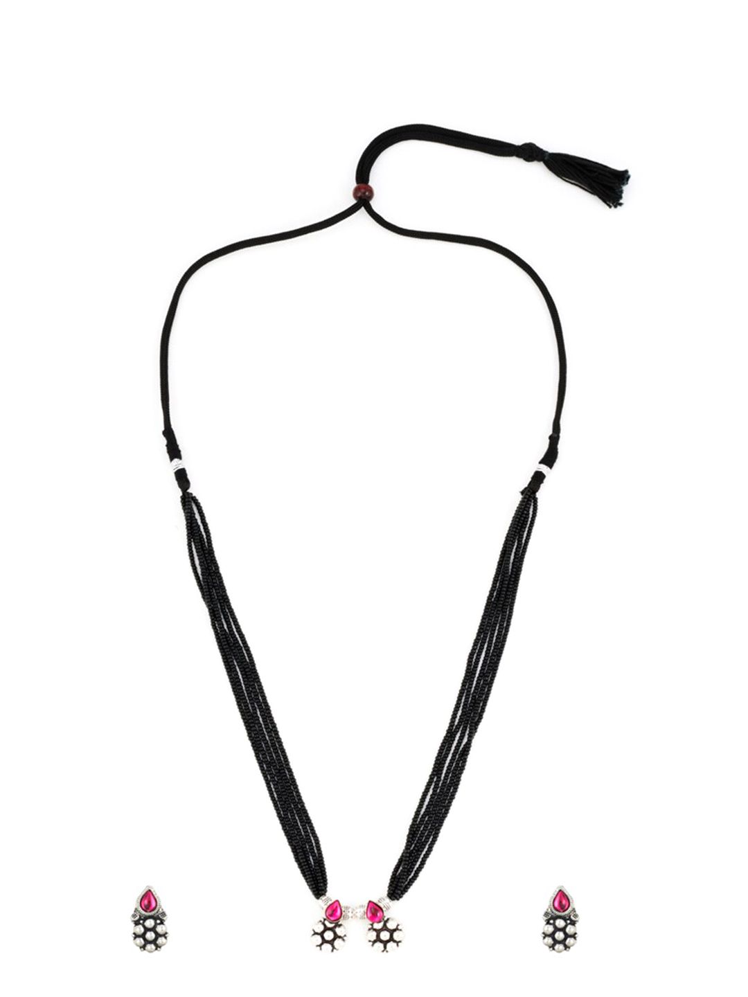 ATIBELLE Oxidised Silver-Plated Red Stone-Studded Mangalsutra With Earrings