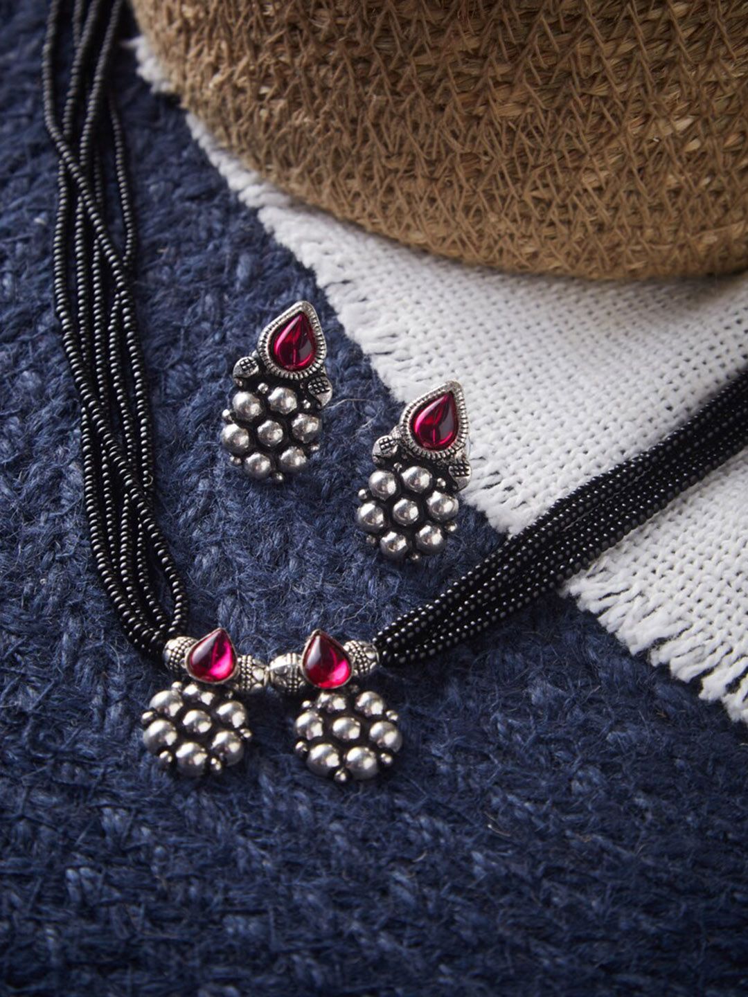 ATIBELLE Oxidised Silver-Plated Red Stone-Studded Mangalsutra With Earrings
