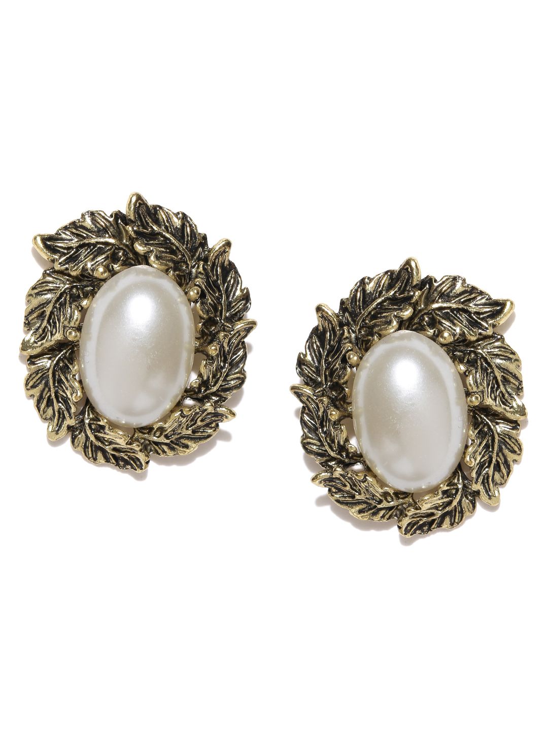 Shining Diva Fashion Antique Gold-Toned  Off-White Beaded Oversized Stud Earrings-picture-11