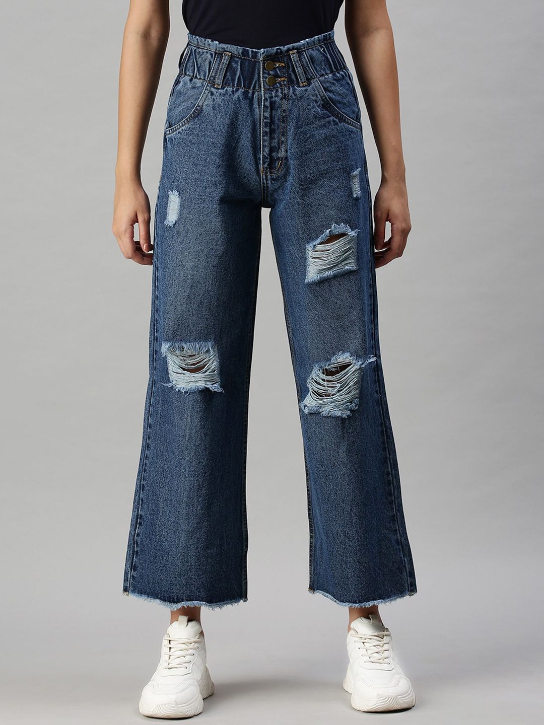 showoffff SHOWOFF Women Blue Cotton Wide Leg High-Rise Mildly Distressed Jeans-picture-10