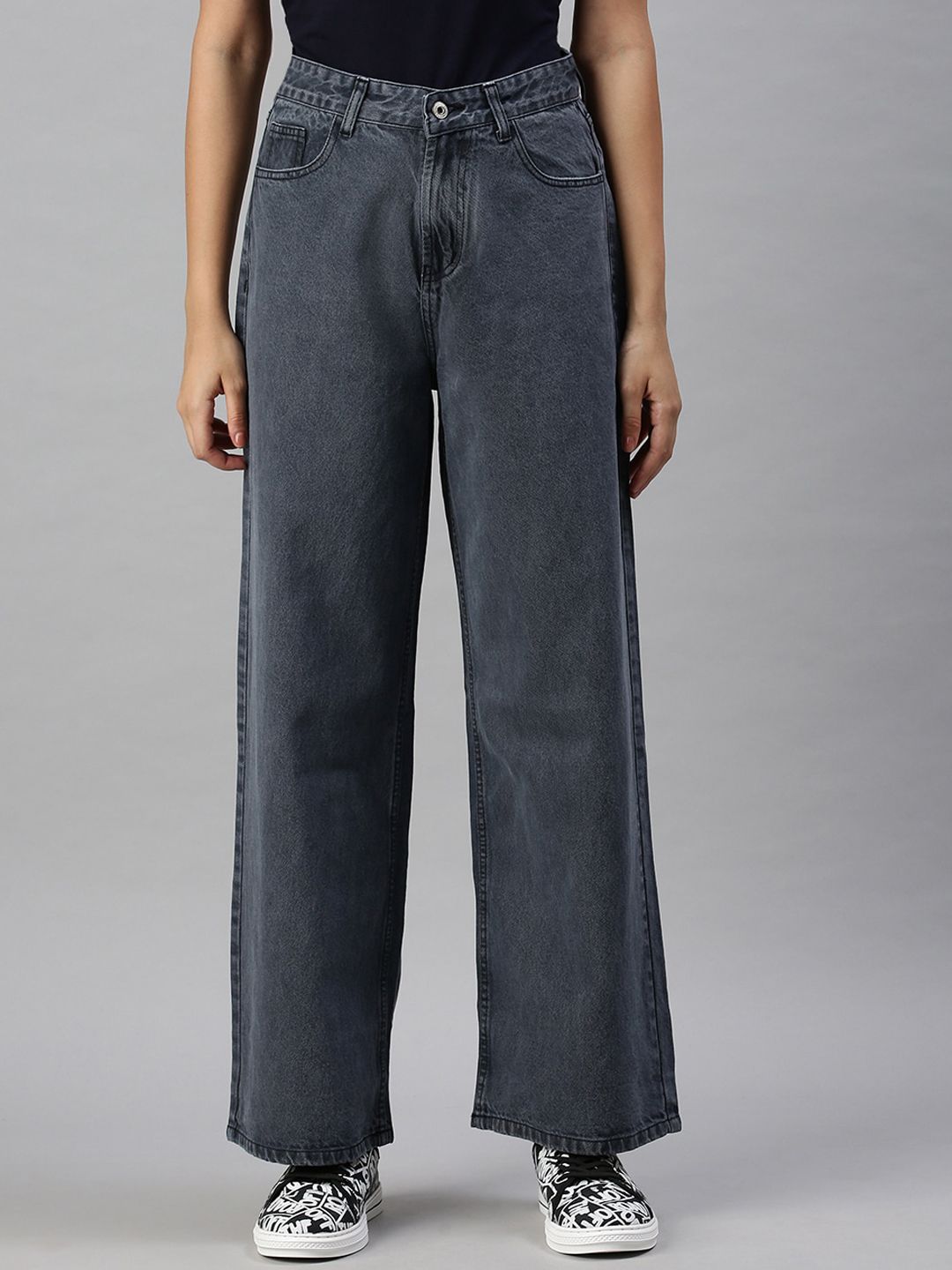 SHOWOFF Women Blue Wide Leg High-Rise Clean Look Cotton Jeans-picture-11