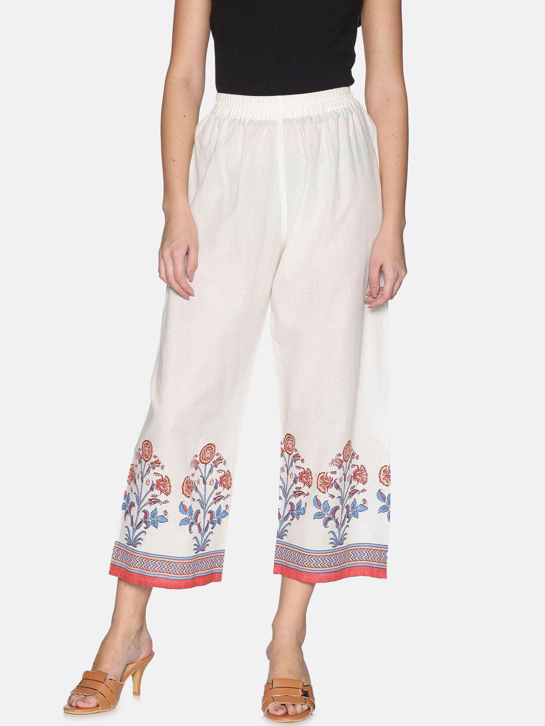Saffron Threads Women Off White & Blue Floral Hem Design Pure Cotton Palazzos-picture-29