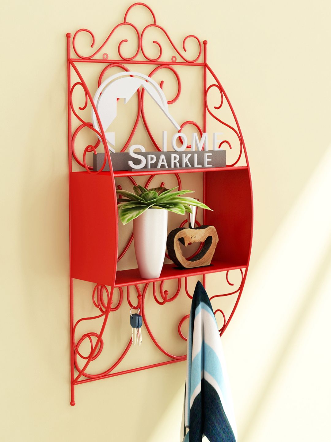 Home Sparkle Red Wall Shelf with Cut Work