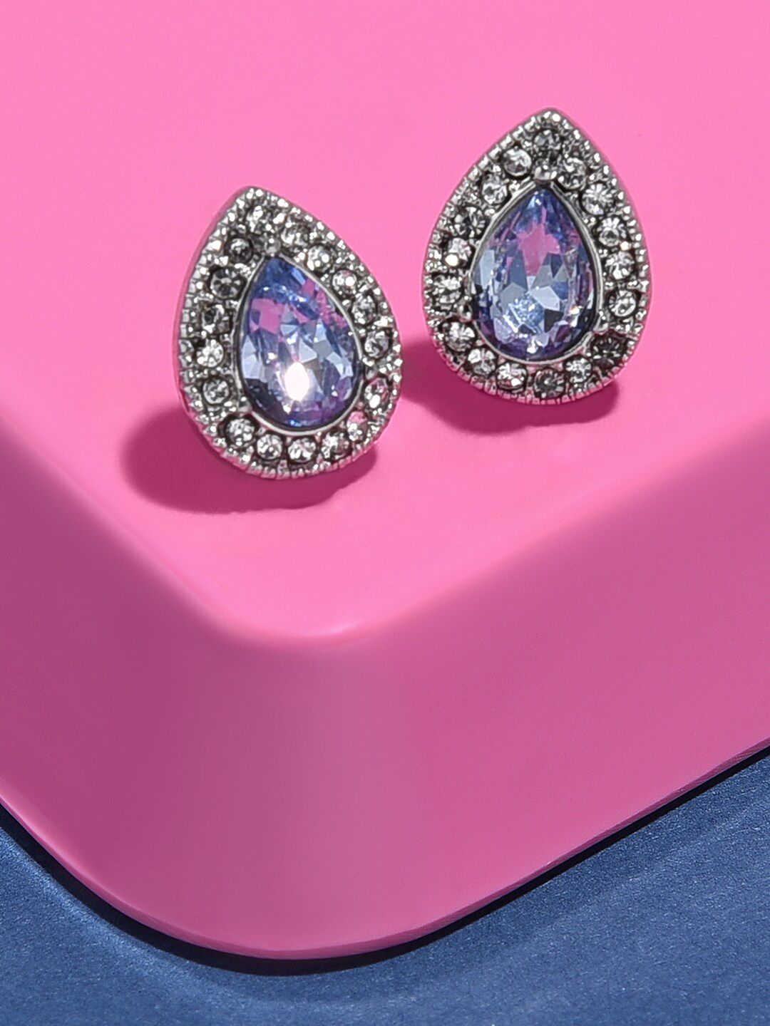 Accessorize London Women Blue & Silver-Toned Pear Crystal Stud Earrings-picture-45