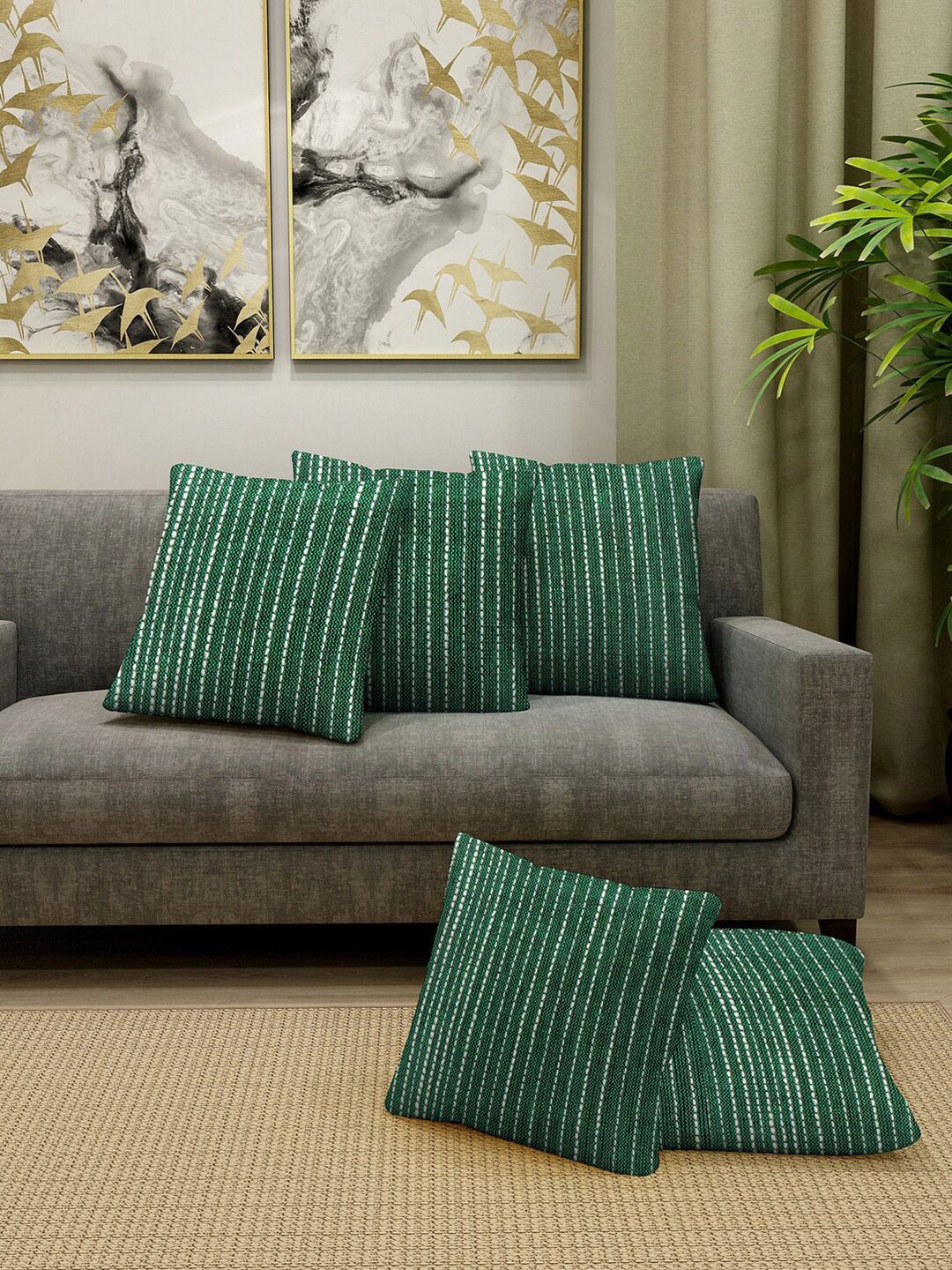 KLOTTHE Set of 5 Green & White Striped Cotton Square Cushion Covers-picture-46