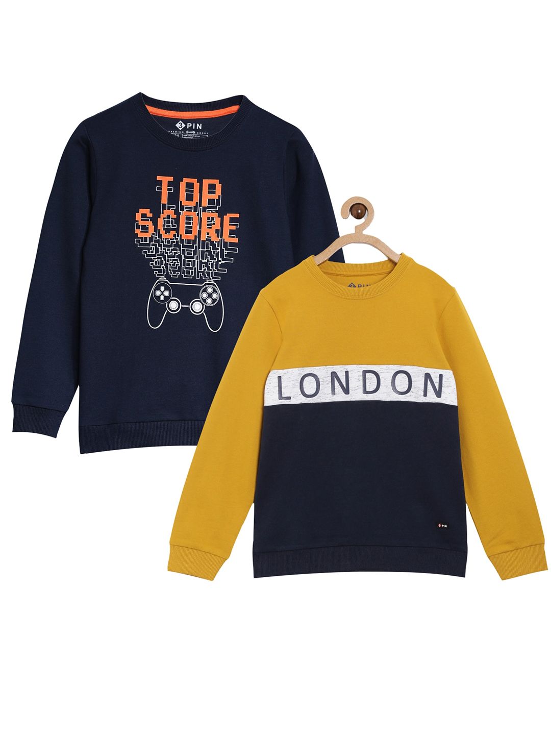 3PIN Boys Set of 2 Navy Blue & Mustard Yellow Printed Cotton Sweatshirts-picture-15