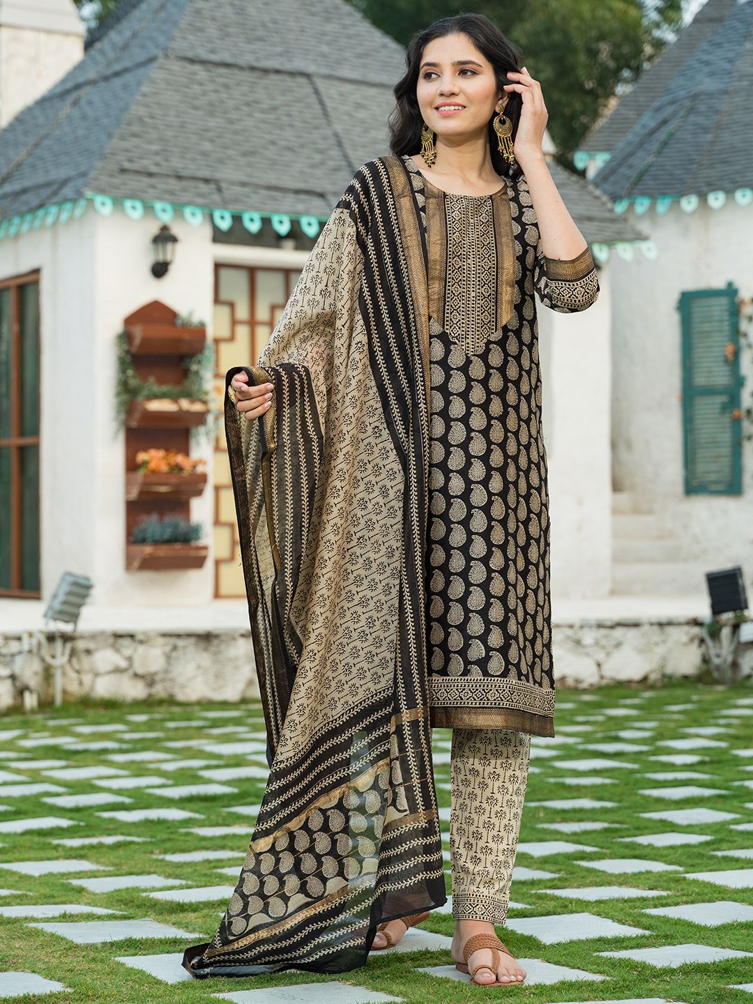 PHEETA Women Black Paisley Printed Chanderi Cotton Kurta with Trousers & With Dupatta-picture-10