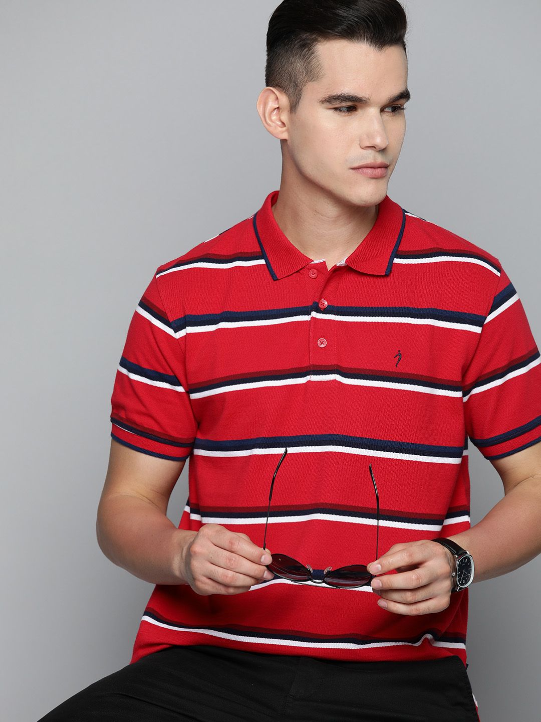 Indian Terrain Striped Polo Collar Pure Cotton T-shirt