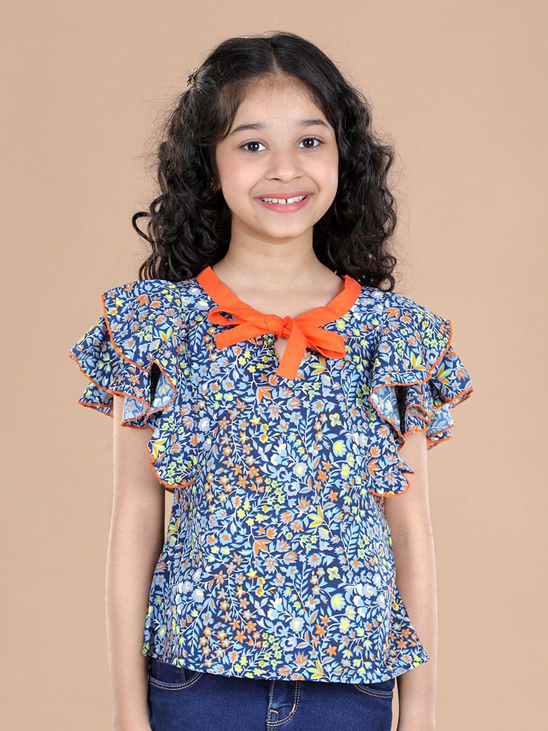 Cutiekins Girls Blue Floral Print Tie-Up Neck Ruffles Crepe Shirt Style Top-picture-54