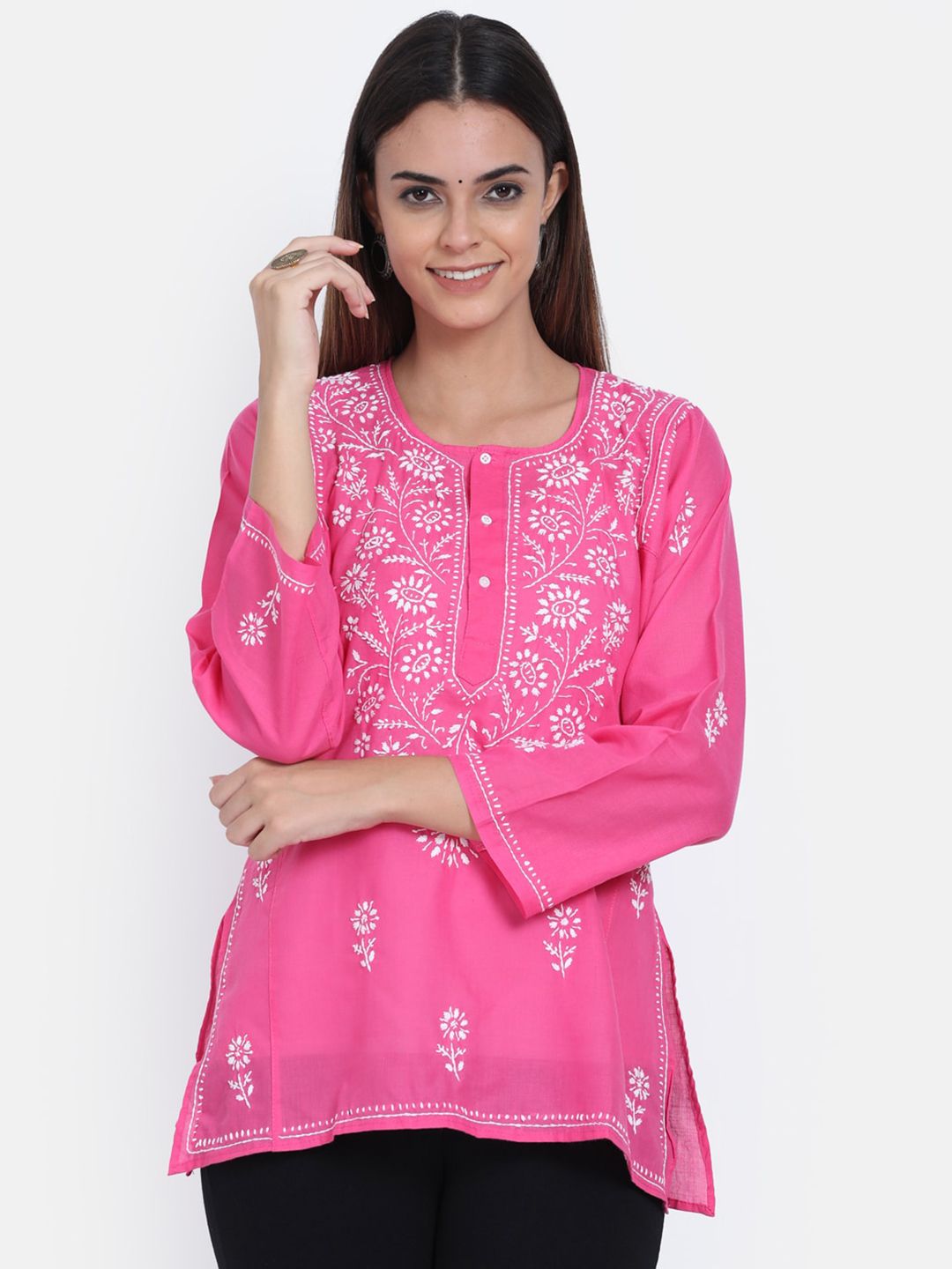 PARAMOUNT CHIKAN Pink & White Ethnic Motifs Embroidered Chikankari Kurti-picture-23