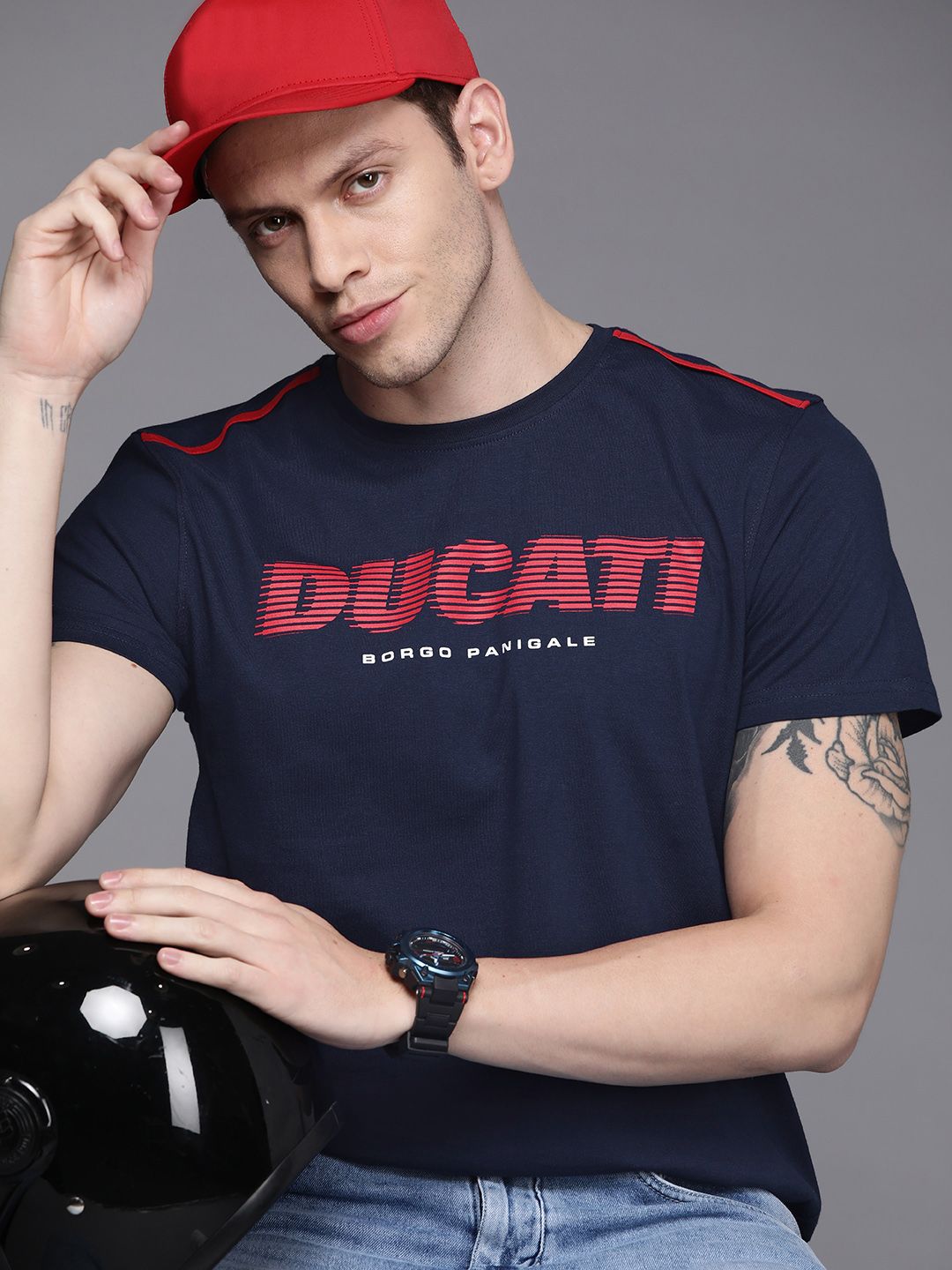 Ducati Men Navy Blue & Red Brand Logo Printed Pure Cotton T-shirt