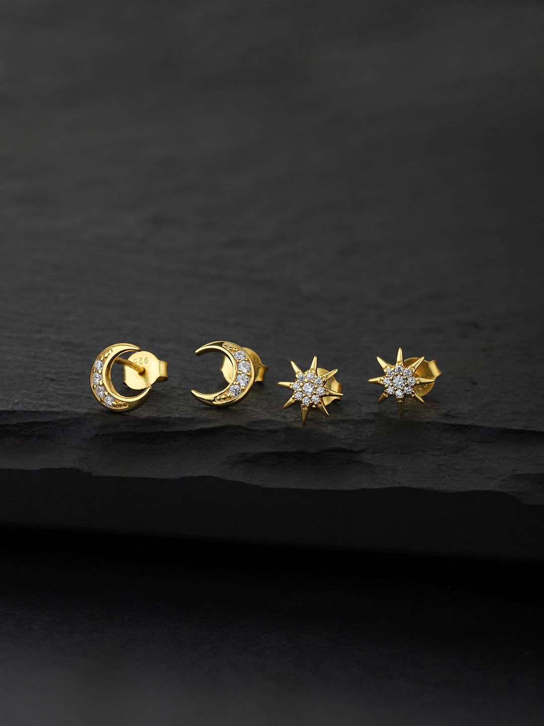VANBELLE Set of 2 Gold-Plated White Cubic Zirconia 925 Sterling Silver Studs Earrings-picture-0