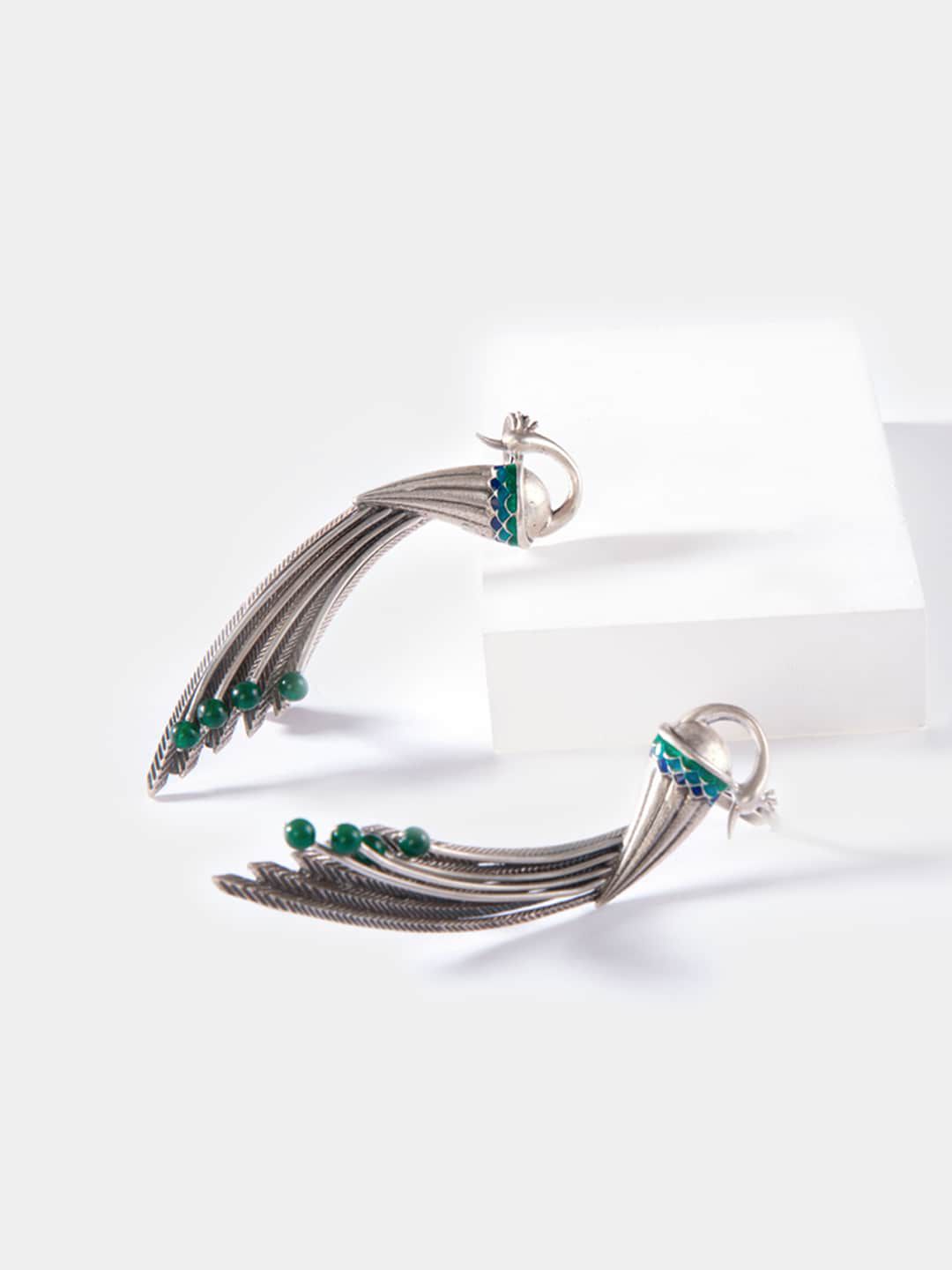 SHAYA Silver & Green Contemporary Ear Cuff Earrings-picture-18