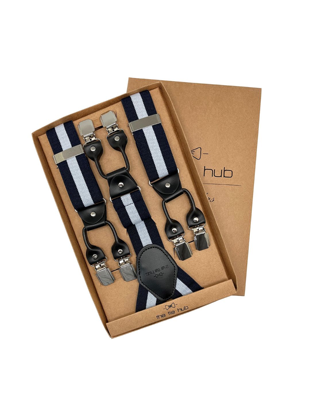 The Tie Hub Men Navy Blue & White Striped Suspenders