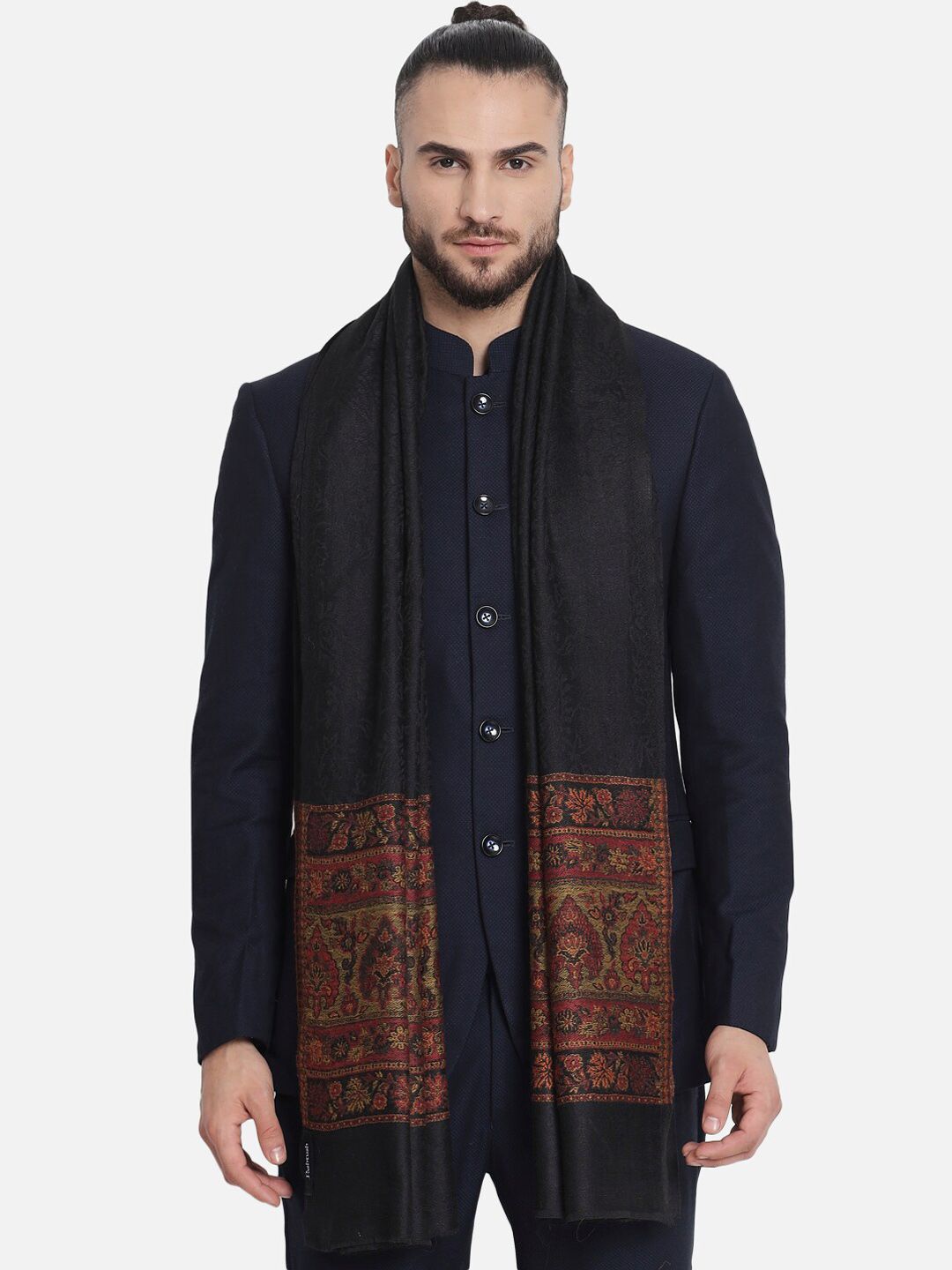 Pashtush Men Black & Brown Woven Design Wool Shawl-image-2
