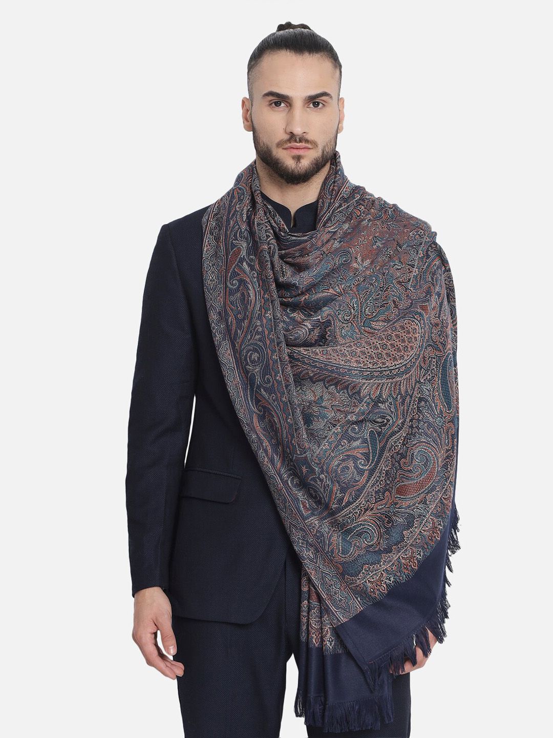 Pashtush Men Navy Blue Woven Design Woolen Shawl-image-49