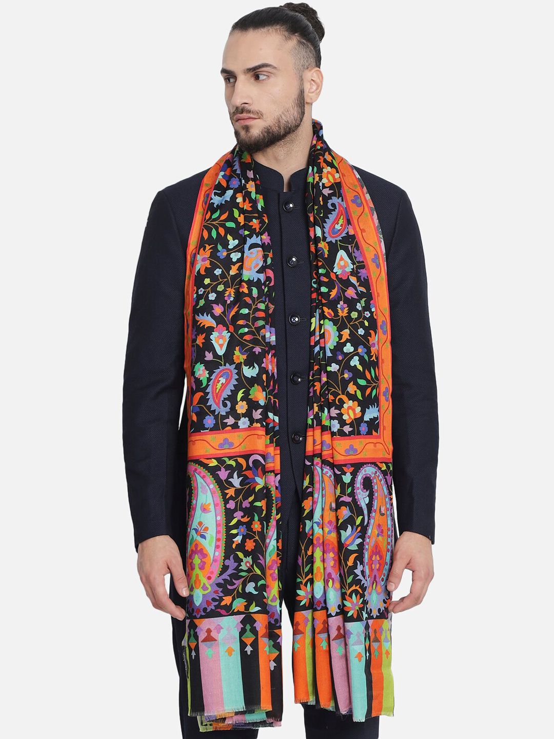 Pashtush Men Black & Orange Printed Woolen Shawl-image-40