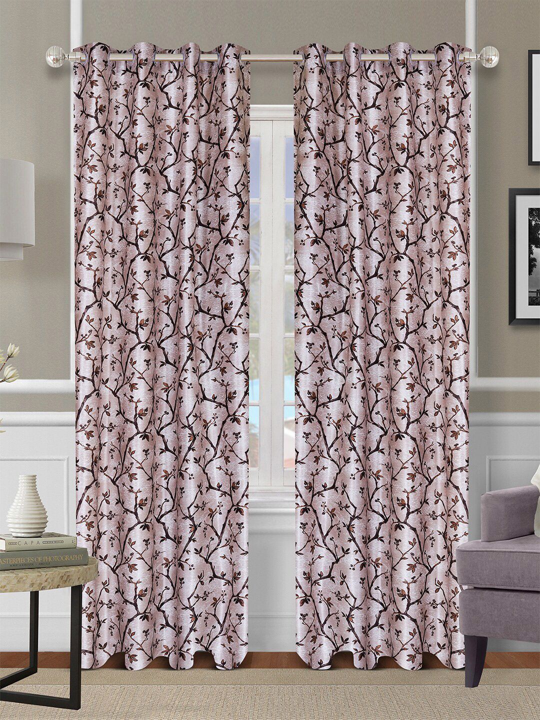 ROMEE Cream & Brown Set of 2 Floral Printed Long Door Curtain-picture-24