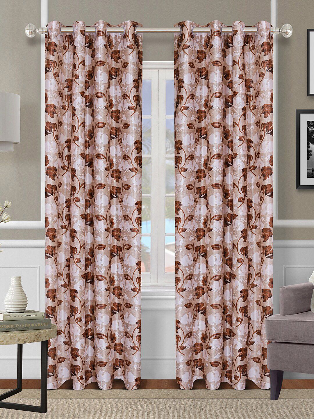 ROMEE Set Of 2 Beige & Brown Floral Printed Long Door Curtains-picture-11