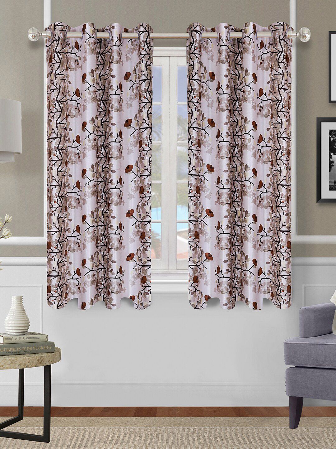 ROMEE Off-White & Brown Set Of 2 Floral Printed Window Curtains-picture-14