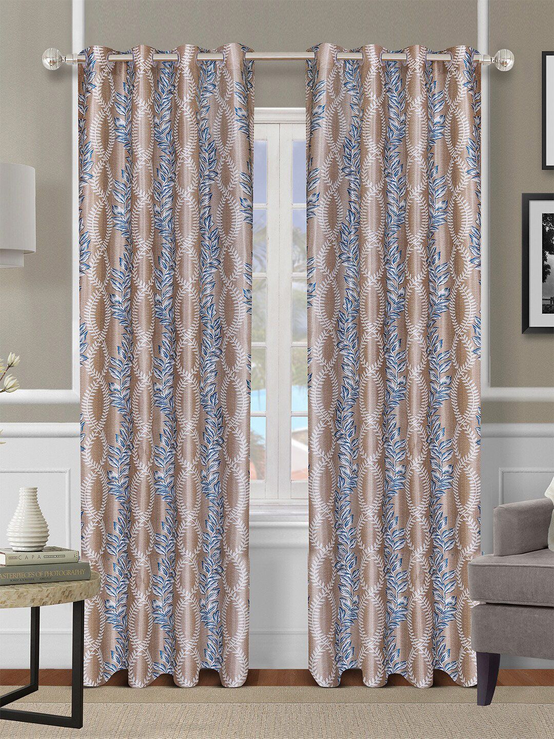 ROMEE Beige & Blue Printed Door Curtain Set of 2-picture-39