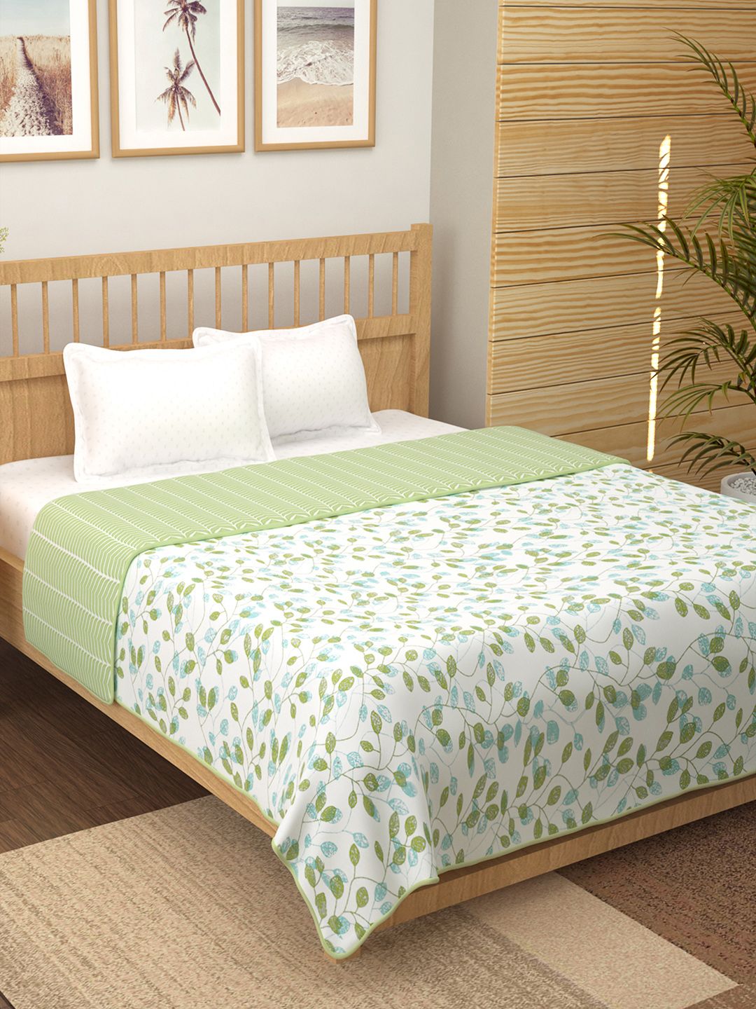 Story@home Fluorescent Green & White Floral AC Room 150 GSM Double Bed Dohar